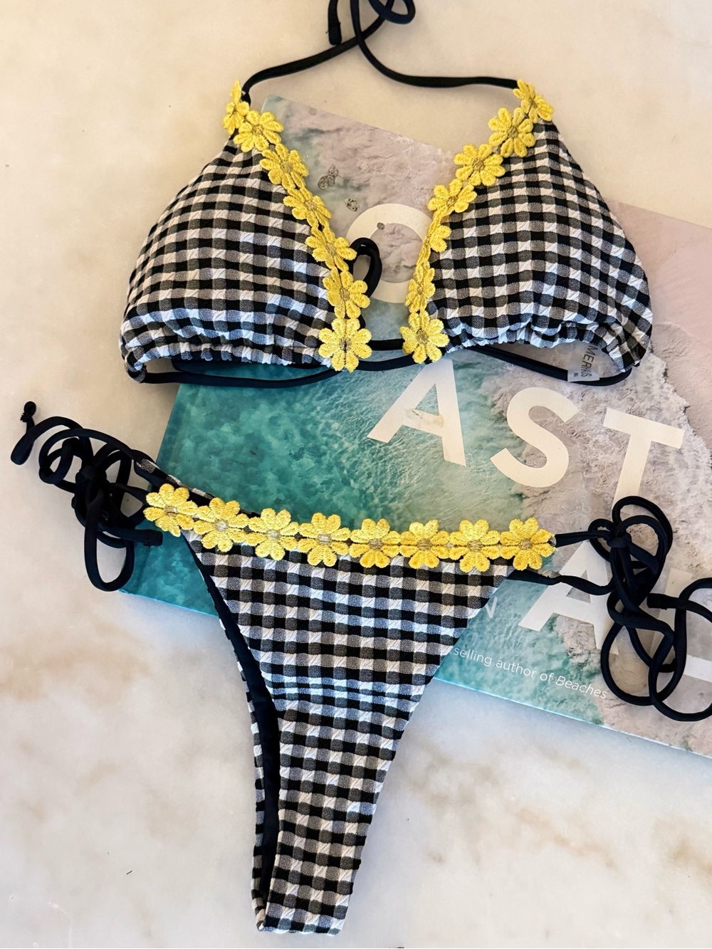 Beach Bunny Sammerhaus Black & White Gingham Bikini with Yellow Floral Trim